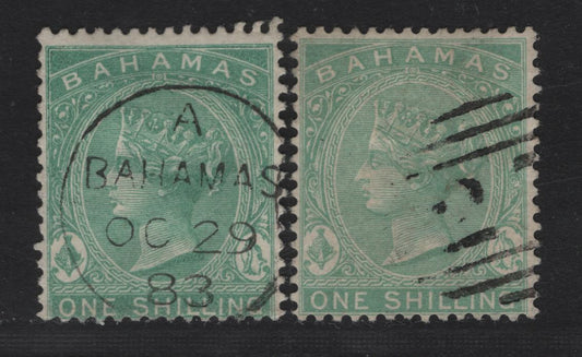 Lot 14A Bahamas SG#44-a 1/- Green & Blue Green Queen Victoria, 1882 Queen Victoria Sideface Issue, 2 Fine/Very Fine Used Singles, Perf 14, #27 Barred Numeral For The Out Islands & One With SON October 29 1883 Bahamas Cancel