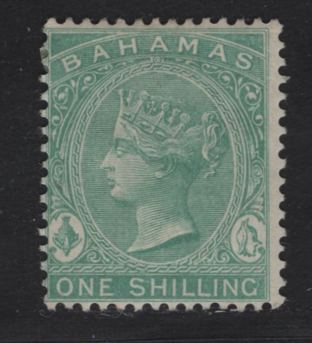 Lot 15 Bahamas SG#39b 1/- Green Queen Victoria, 1863-1880 Queen Victoria Sideface Issue, A FOG Single, Perf 14, Crown CC Wmk