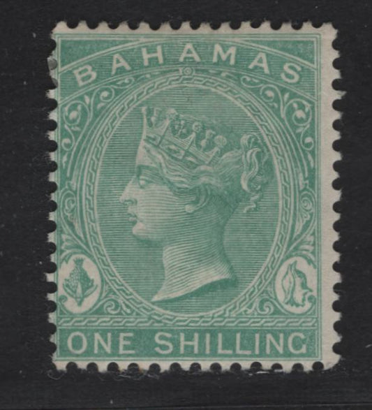 Lot 15 Bahamas SG#39b 1/- Green Queen Victoria, 1863-1880 Queen Victoria Sideface Issue, A FOG Single, Perf 14, Crown CC Wmk