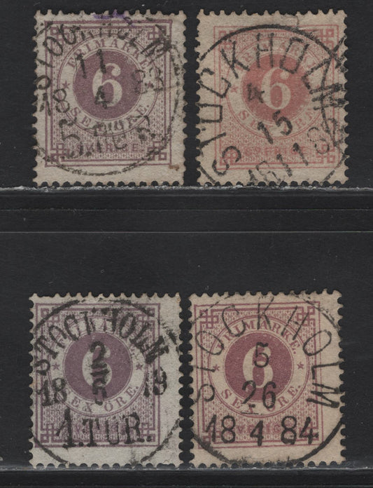 Lot 152 Sweden (C) SC#31-a,c-d 6o Lilac - Bluish Lilac Numeral, 1877-1879 Numeral Issue, 4 Fine Used Singles, Perf 13, Grayish Lilac Has A Small Wrinkle, SON Stockholm Cancels.