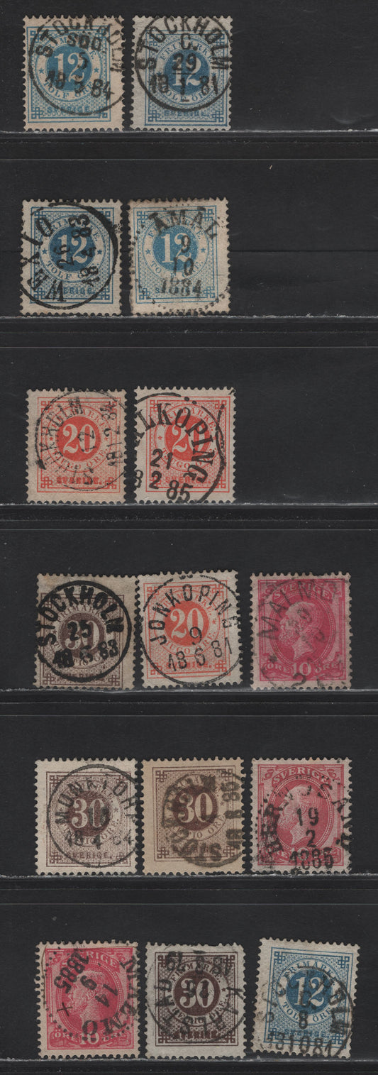Lot 154 Sweden (C) SC#32-33, 39, 35 10o - 30o Dull Rose - Brown Numeral, 1877-1879 Numeral Issue, 15 Fine/Very Fine Used Singles, Perf 13, SON CDS Town Cancels