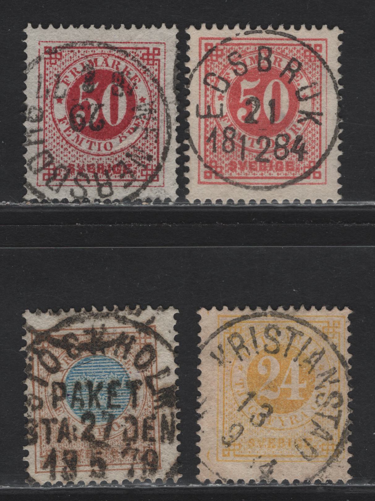 Lot 155 Sweden SC#34a, 36, 38 24o - 1k Lemon Yellow - Bistre & Blue Numeral, 1877-1879 Numeral Issue, 4 Fine/Very Fine Used Singles, SON CDS Cancels Including May 18 1879 Stockholm Packet