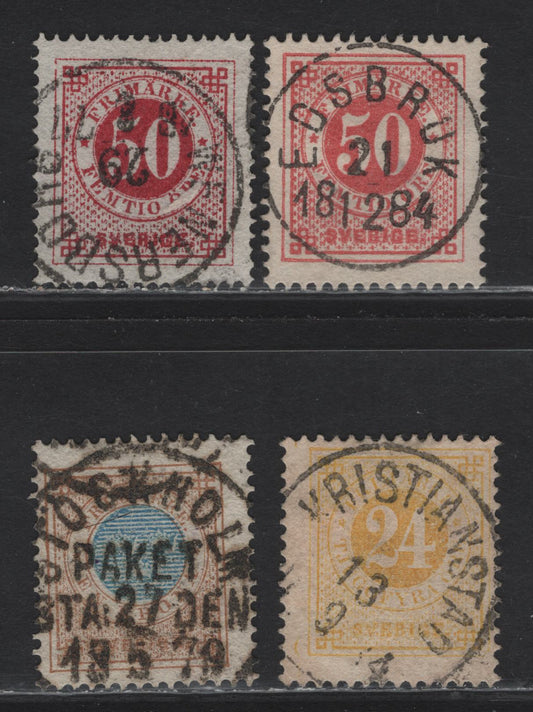 Lot 155 Sweden SC#34a, 36, 38 24o - 1k Lemon Yellow - Bistre & Blue Numeral, 1877-1879 Numeral Issue, 4 Fine/Very Fine Used Singles, SON CDS Cancels Including May 18 1879 Stockholm Packet