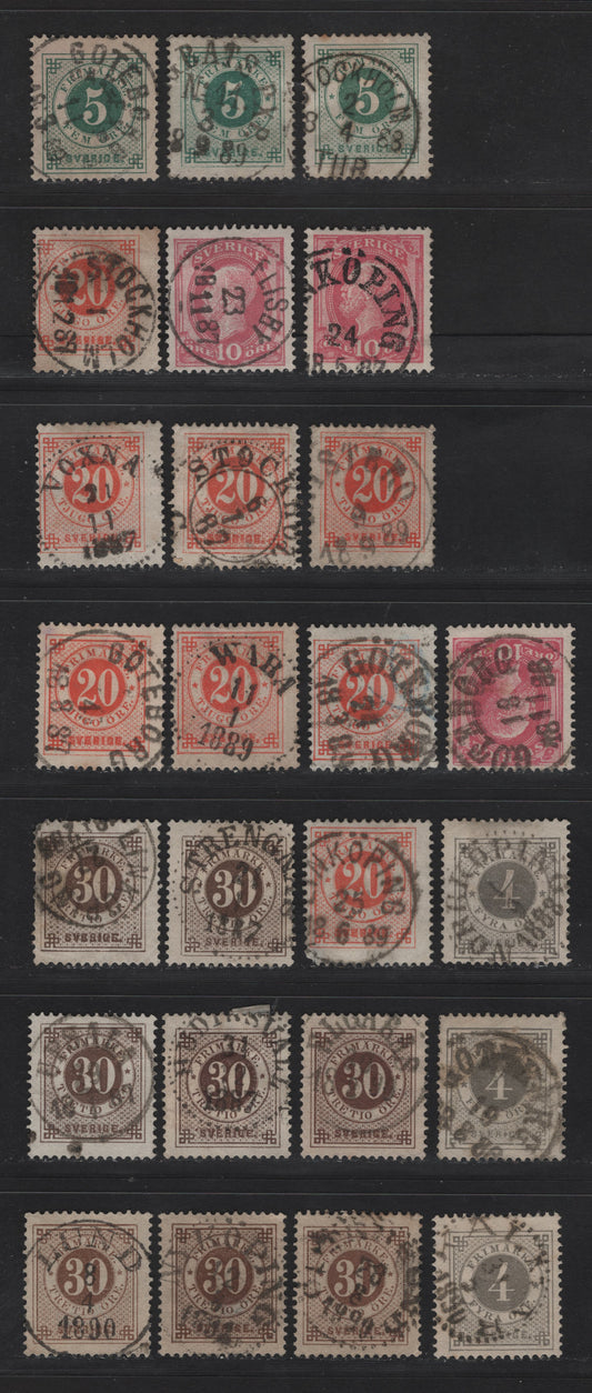 Lot 155A Sweden (C) SC#42-43, 45-a, 46-47 4o - 30o Gray - Brown Numeral - King Oscar II, 1886-1891 Numeral Issue, 21 Fine/Very Fine Used Singles, Perf 13, Posthorn on Back, SON Town Cancels.
