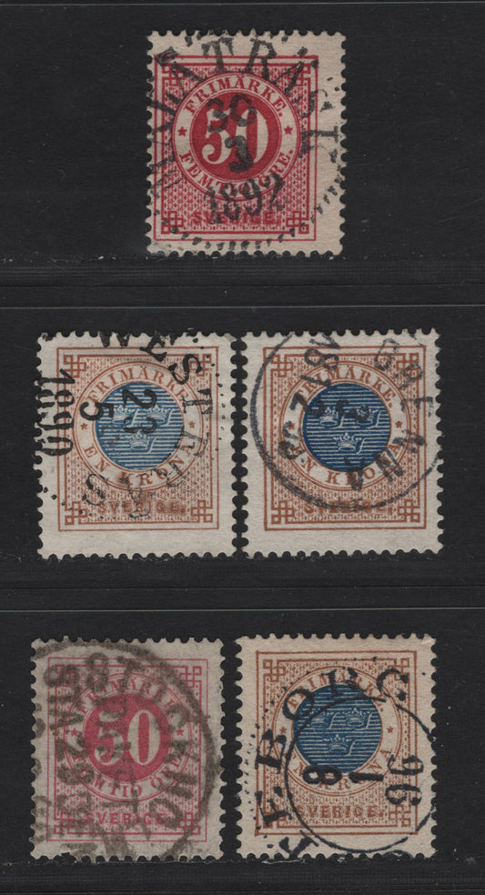 Lot 155B Sweden SC#48-49 50o - 1k Rose - Bistre & Dark Blue Numeral - Coat of Arms, 1886-1891 Numeral Issue, 5 Fine/Very Fine Used Singles, Perf 13, Posthorn on Back, SON Town Cancels.
