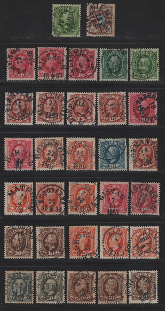 Lot 155D Sweden SC#52, 56-a, 58-64 1o - 5o Brown & Ultramarine - Olive Gray King Oscar II, 1891-1904 King Oscar II Issue, 32 Fine/Very Fine Used Singles, SON CDS Town Cancels