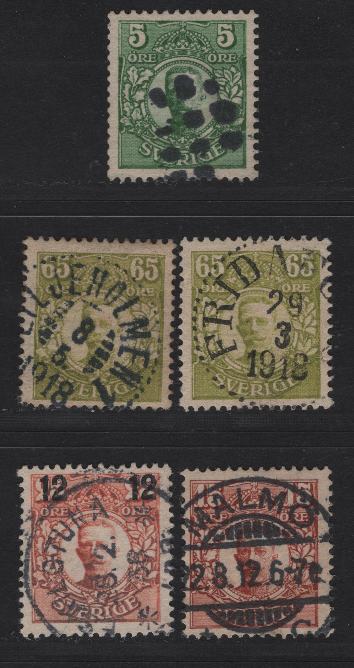 Lot 155G Sweden (C) SC#77, 82, 91, 100 5o - 12o on 25o Green - Orange Red King Gustaf V, 1910-1918 King Gustaf V Issue, 4 Fine/Very Fine Used Singles, SON Cork or CDS Cancels