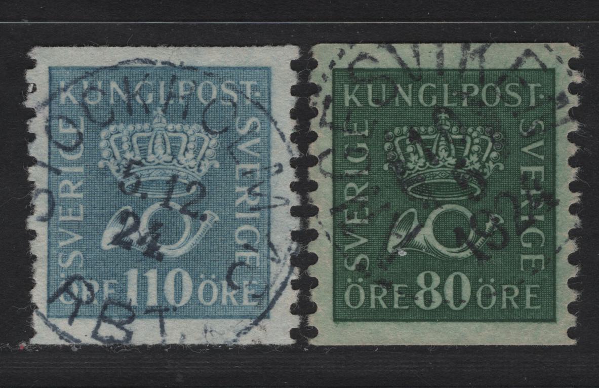 Lot 155H Sweden (C) SC#162-163 90o - 100o Blue Green - Ultramarine King Gustaf V, 1910-1918 King Gustaf V Issue, 2 Very Fine Used Singles, Watermarked Crown & Posthorn, SON Town Cancels