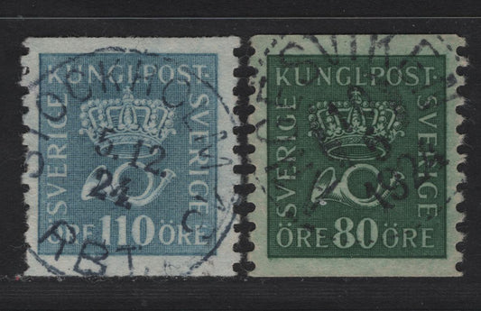 Lot 155H Sweden (C) SC#162-163 90o - 100o Blue Green - Ultramarine King Gustaf V, 1910-1918 King Gustaf V Issue, 2 Very Fine Used Singles, Watermarked Crown & Posthorn, SON Town Cancels