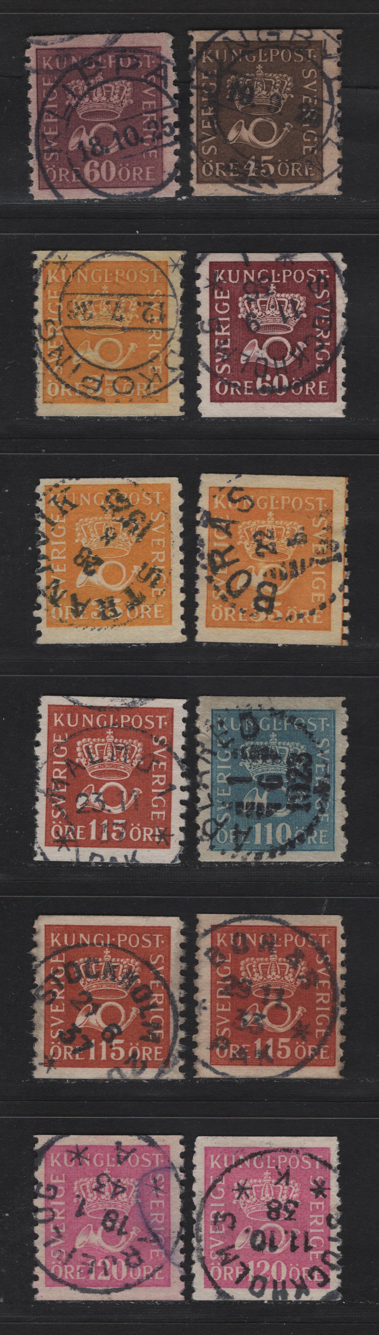 Lot 155I Sweden SC#147/157 45o - 120o Brown - Lilac - Rose Crown & Posthorn, 1920-1934 Crown & Posthorn Issue, 12 Fine/Very Fine Used Singles, SON Town Cancels