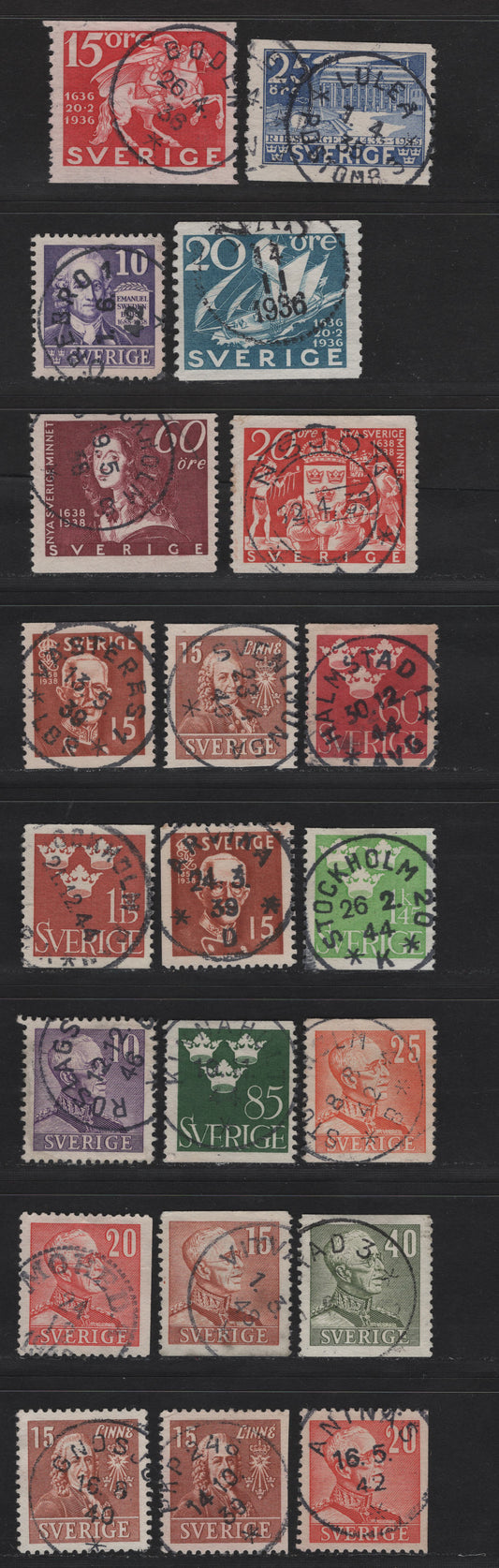 Lot 155J Sweden SC#245/307 25o - 40o Ultramarine - Olive Green King Gustav V, 1935-1942 Swedish Parliament - King Gustav V Issues, 21 F/VF Used Singles, CDS Town Cancels
