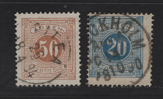 Lot 156 Sweden (C) SC#J17, J21 20o - 50o Pale Blue - Yellow Numeral, 1877-1886 Postage Due Issue, 2 Fine/Very Fine Used Singles, Perf 13, SON Stockholm & Pitea CDS Cancels