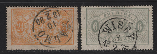 Lot 158A Sweden (C) SC#O5, O8a 6o - 24o Gray - Orange Official, 1874-1877 Official Issue, 2 Very Good Used Single, SON Feb 18 1875 Wisby And Feb 18 1880 Malmo CDS Cancels