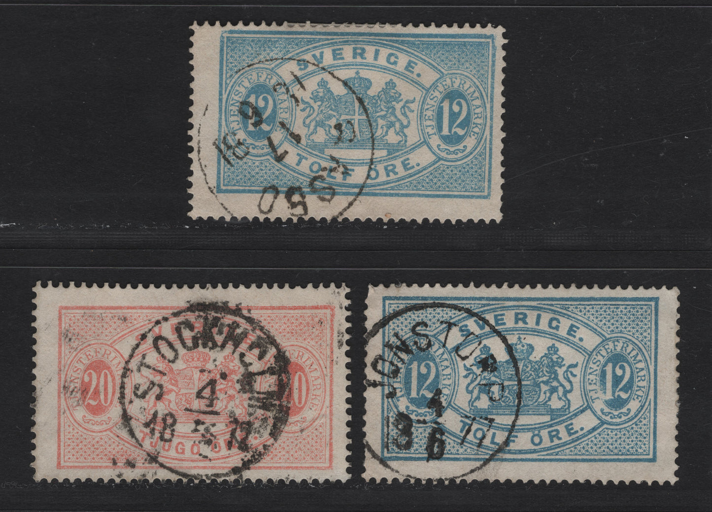 Lot 159 Sweden (C) SC#O6, O7 12o - 20o Blue - Pale Red Official, 1874-1877 Official Issue, 2 Fine/Very Fine Used Singles, SON Stockholm, Jonstorp & Rasbo CDS Cancels