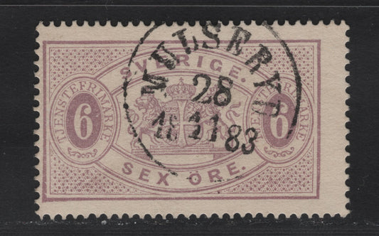 Lot 164 Sweden (C) Facit#TJ4v2 (SC# O4var) 6o Lilac Arms, 1874-1877 Arms Official Issue, A Fine Used Single, Perf 14, Carton Paper, Nov 18 1883 Mulsergd Cancel.