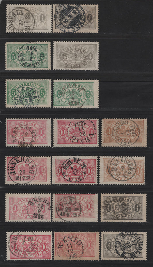 Lot 165 Sweden (C) SC#O13-O14a, O15, O17 3o - 10o Bistre Brown - Carmine Arms, 1881-1896 Arms Official Issue, 18 Fine/Very Fine Used Singles, Perf 13, SON Town Cancels