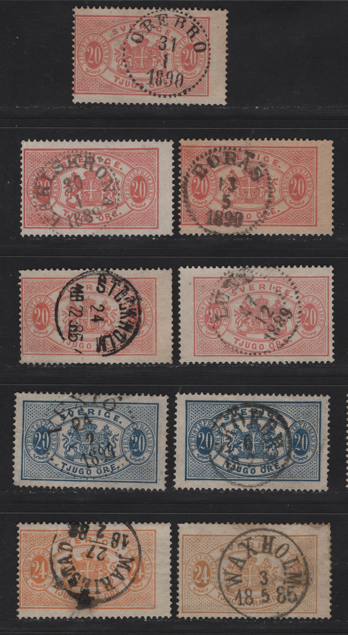 Lot 167 Sweden (C) SC#O19-O21a 20o Vermillion - Orange Arms, 1881-1896 Arms Official Issue, 9 Fine/Very Fine Used Singles, Perf 13, SON Town Cancels