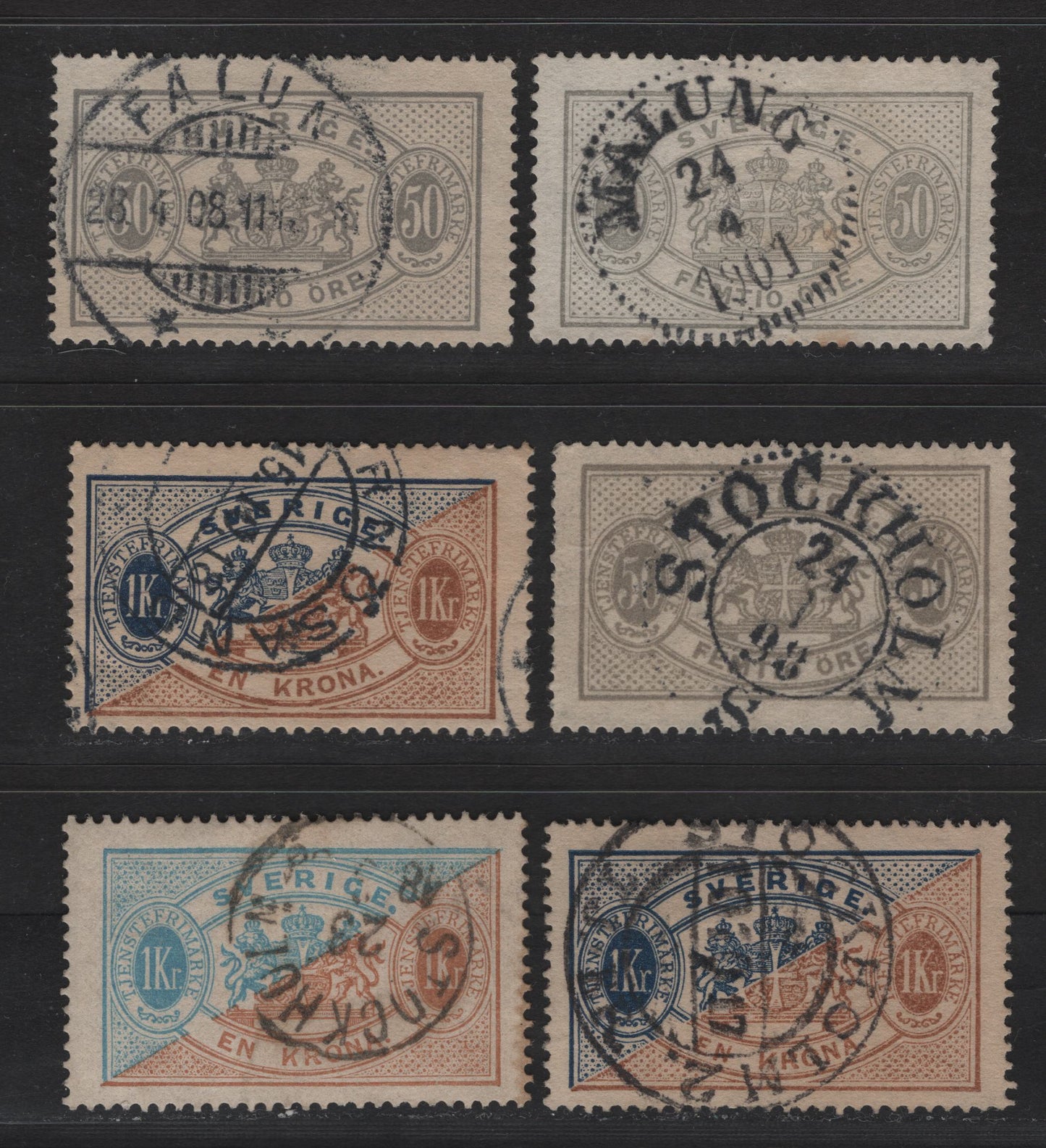 Lot 169 Sweden (C) SC#O24-O25a 50c - 1kr Pale Gray - Blue & Yellow Brown Arms, 1881-1896 Arms Official Issue, 3 Fine/Very Fine Used Singles, Perf 13, SON Town Cancels