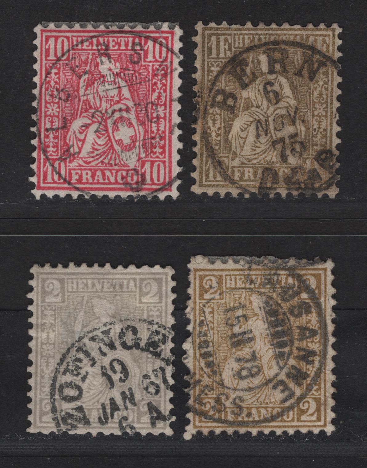 Lot 170 Switzerland SC#41, 50, 52-53 2c - 1fr Gray - Gold Seated Helvetia, 1862-1878 Seated Helvetia Issue, 4 Fine/Very Fine Used Singles, SON Town Cancels