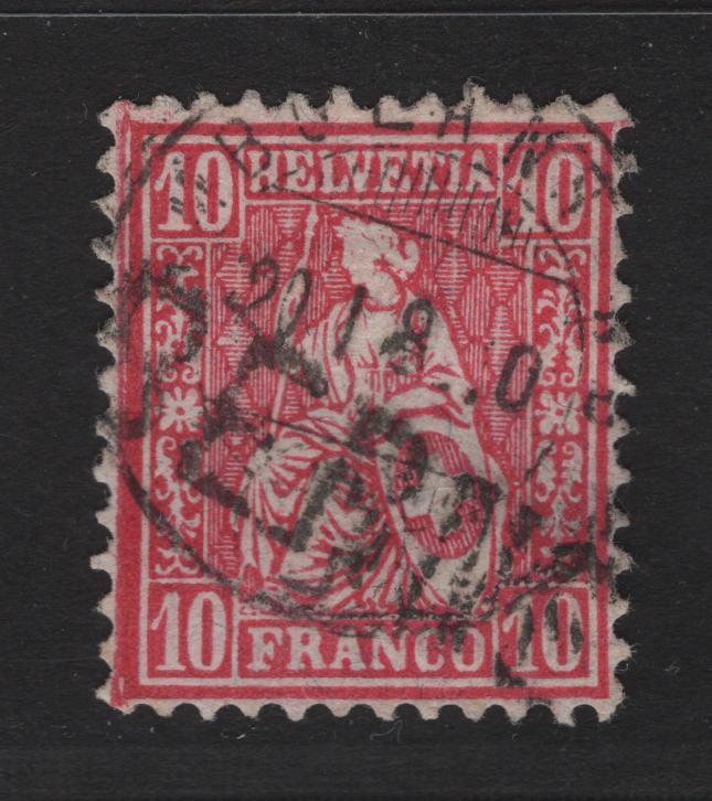 Lot 171 Switzerland (C)  SC#62 10c Rose Seated Helvetia, 1881 Seated Helvetia Issue, A Very Fine Used Singles, Granite Paper, SON With Straight Line Berne Cancel & One CDS I Can't Quite Make Out