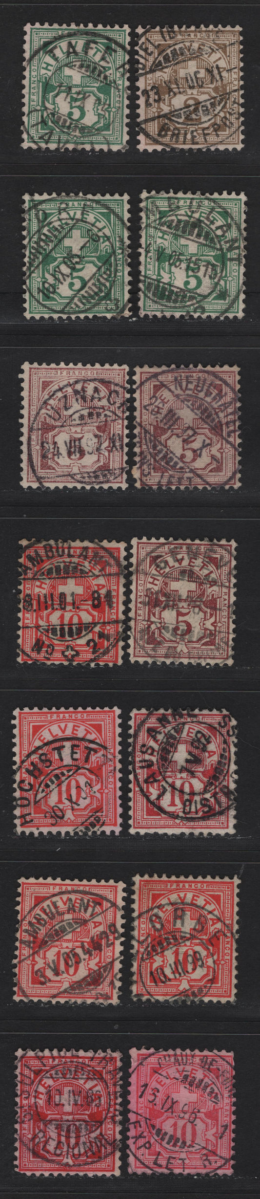 Lot 172 Switzerland SC#69, 71-72 2c - 10c Bistre - Carmine & Vermillion Cross & Numeral Issue, 1882-1899 Cross & Numeral Issue, 14 Fine/Very Fine Used Singles, Wmk 182, Type 2, Granite Paper, A Selection With SON CDS Town Cancels.
