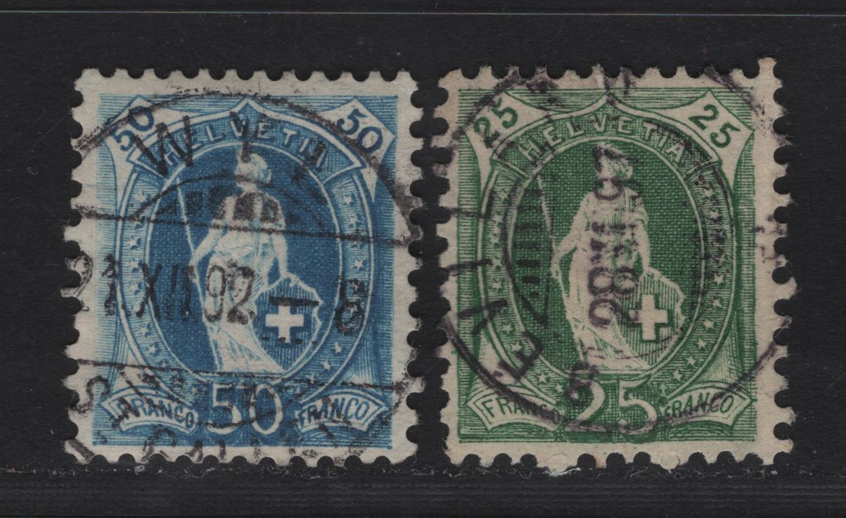 Lot 176 Switzerland SC#83b, 86b 25c - 50c Green - Blue Standing Helvetia, 1891-1903 Standing Helvetia Issue, 2 Very Good/Fine Used Singles, Perf 11.5x11, Wmk 182, Type 1, SON Sevila & Wyl CDS Cancels.