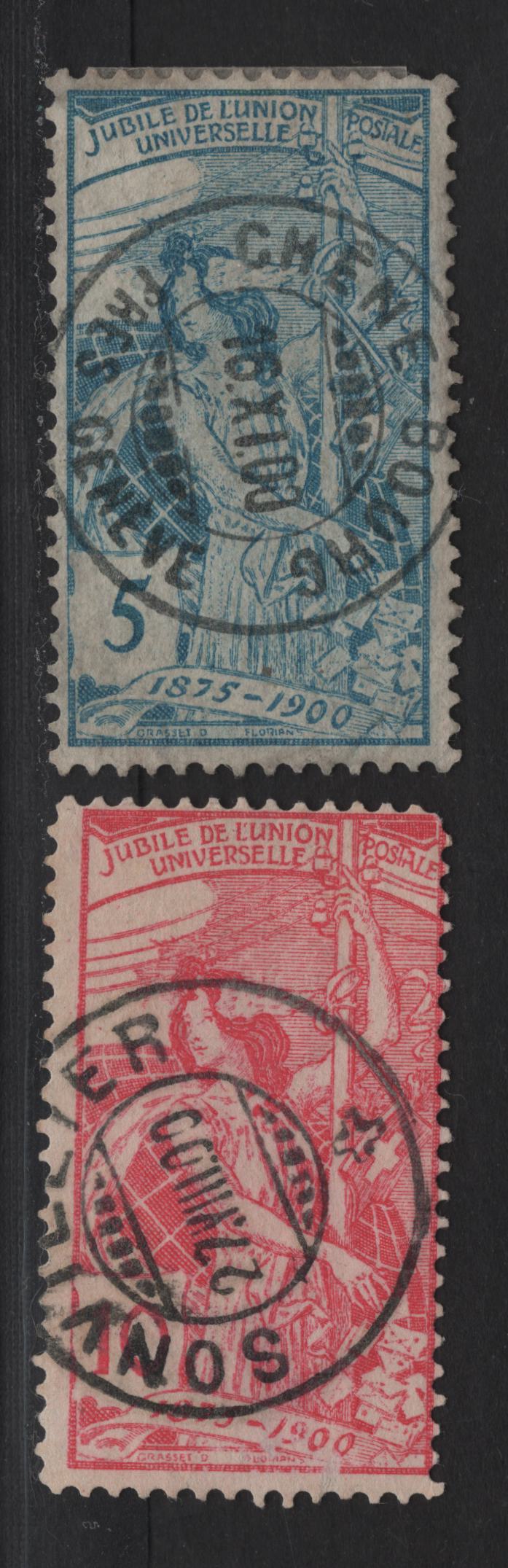 Lot 179 Switzerland SC#98-99 5c - 10c Blue - Carmine Rose UPU, 1900 UPU Issue, 2 Fine/Very Fine Used Singles, SON Sonvielter & Cheneburg Cancels