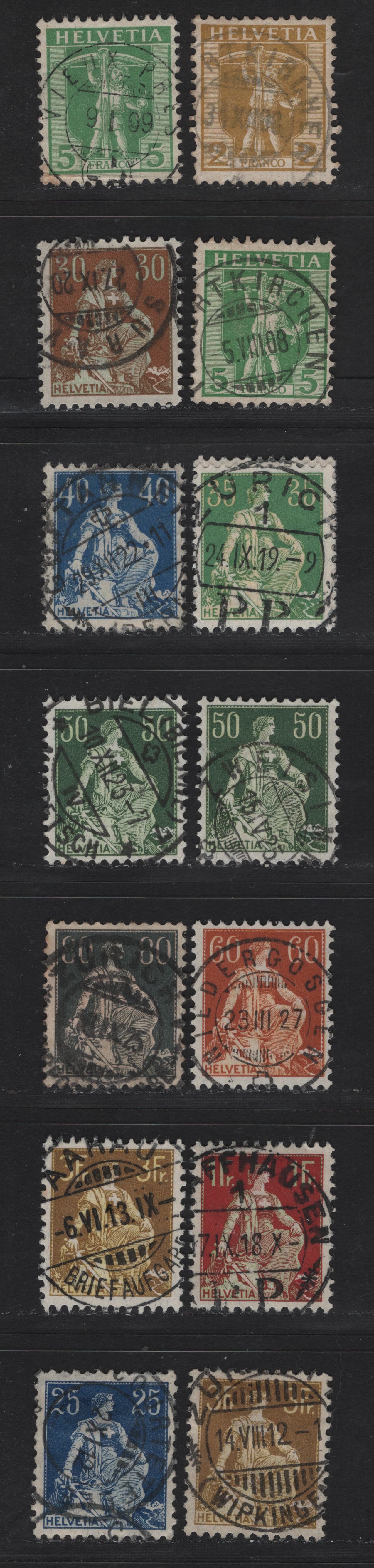 Lot 180 Switzerland SC#126, 128, 133-135, 137, 139-140, 143-145 2c - 3fr Pale Bistre - Bistre & Yellow William Tell & Helvetia, 1907-1925 William Tell & Helvetia Issue, 14 Very Fine Used Singles, SON Town Cancels