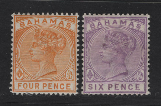 Lot 18 Bahamas SG#53-54 4d - 6d Deep yellow - Mauve Queen Victoria, 1884-1890 Queen Victoria Issue, 2 VFOG Singles, De La Rue Printing