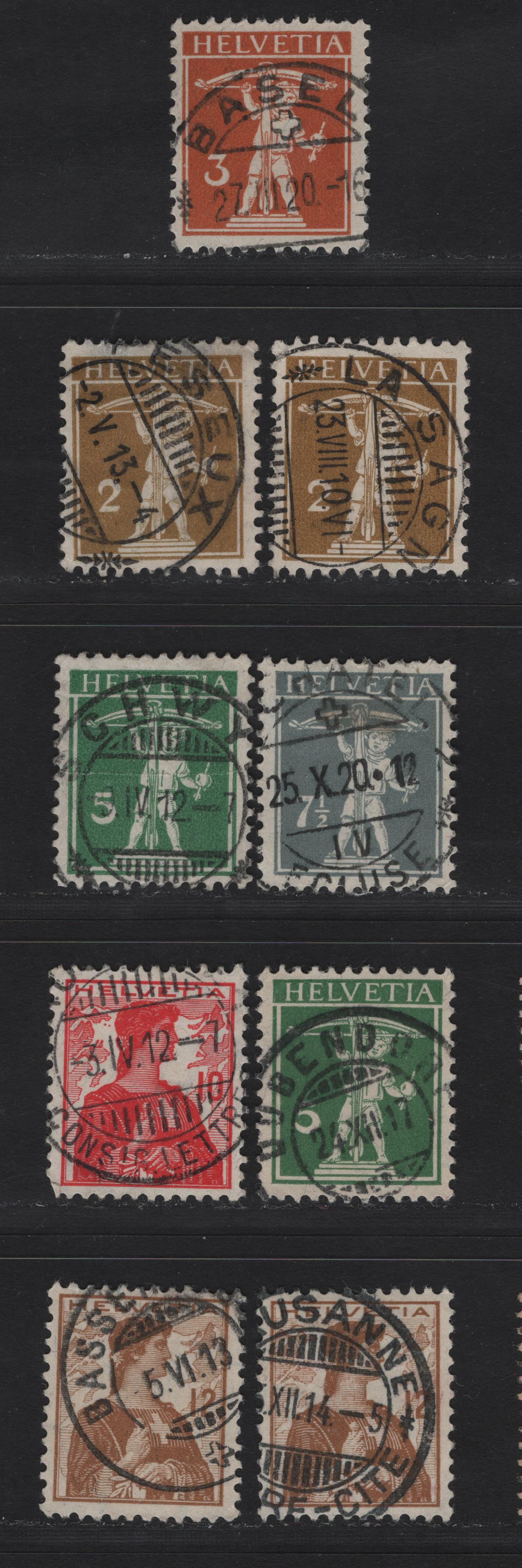 Lot 181 Switzerland (C)SC#149, 151, 153, 157, 162, 164-165 2c - 12c Bistre - Bistre Brown William Tell & Helvetia, 1910-1930 William Tell & Helvetia Issue, 9 Very Fine Used Singles, SON Town Cancels, The 7.5c Is Type 1