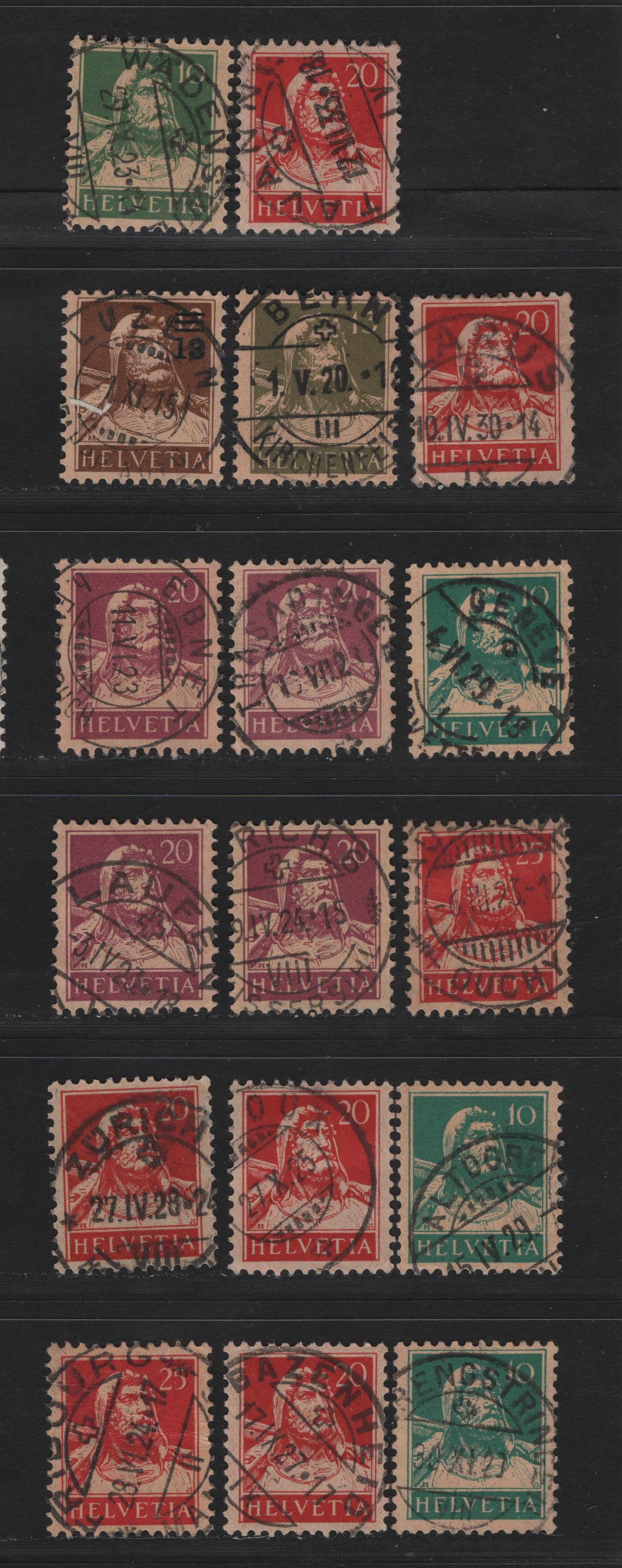 Lot 182 Switzerland SC#168,c, 171, 174, 176, 178, 188 10c - 25c Green on Buff - Carmine on Buff William Tell, 1914-1930 William Tell Definitive Issue, 17 Very Fine Used Singles, SON Town Cancels, 10c Is Type II