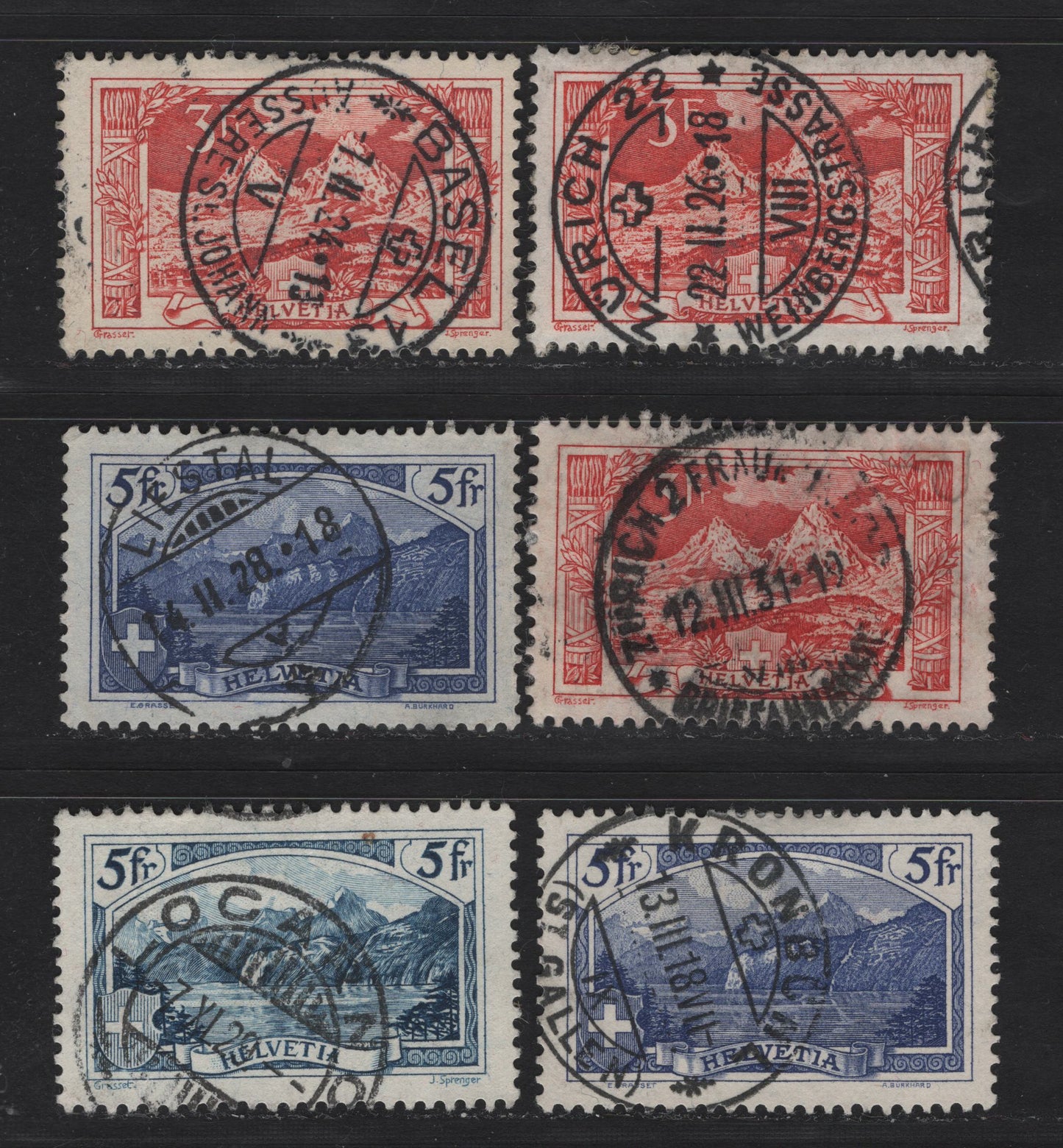 Lot 183 Switzerland (C)SC#182-183, 206 3fr - 5r Red - Blue Mountains, 1914-1930 Scenic High Values, 6 Very Fine Used Singles