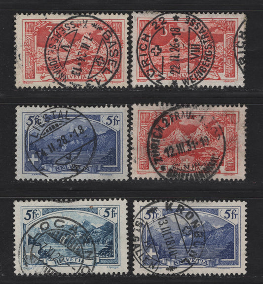 Lot 183 Switzerland (C)SC#182-183, 206 3fr - 5r Red - Blue Mountains, 1914-1930 Scenic High Values, 6 Very Fine Used Singles