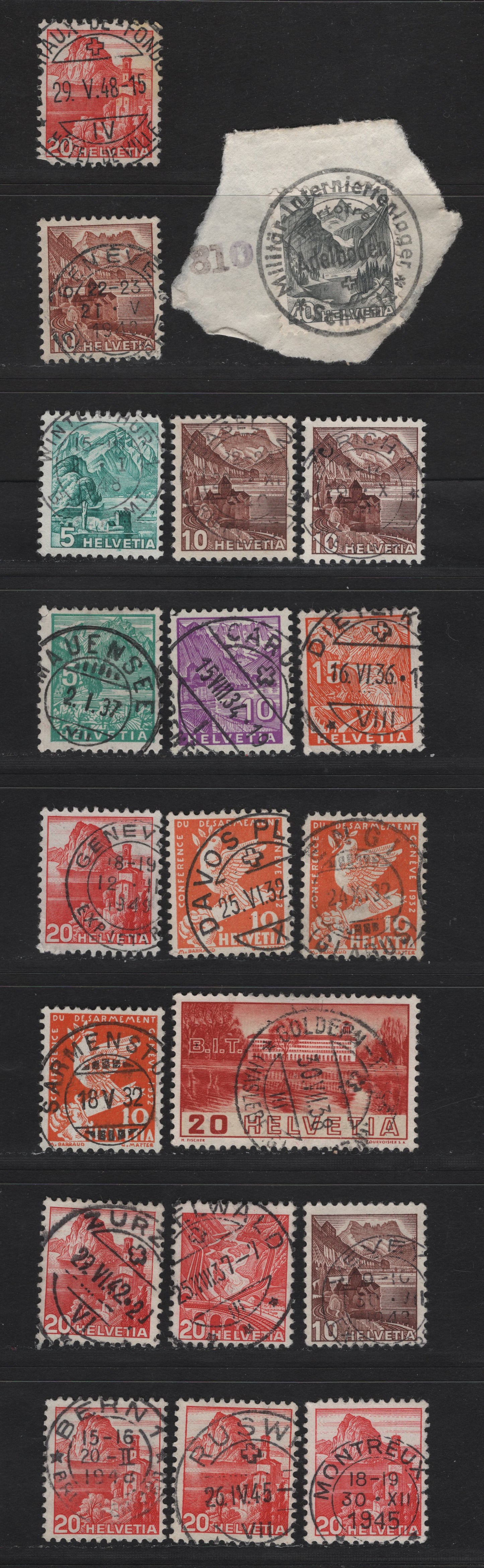 Lot 184 Switzerland SC#211/243c 10c - 20c Orange - Red Disarmament Conference - Pictorials, 1932-1938 Disarmament Conference - Pictorial Issues, 20 Fine/Very Fine Used Singles, SON Town Cancels, Includes 10c Red Brown With Grilled Gum