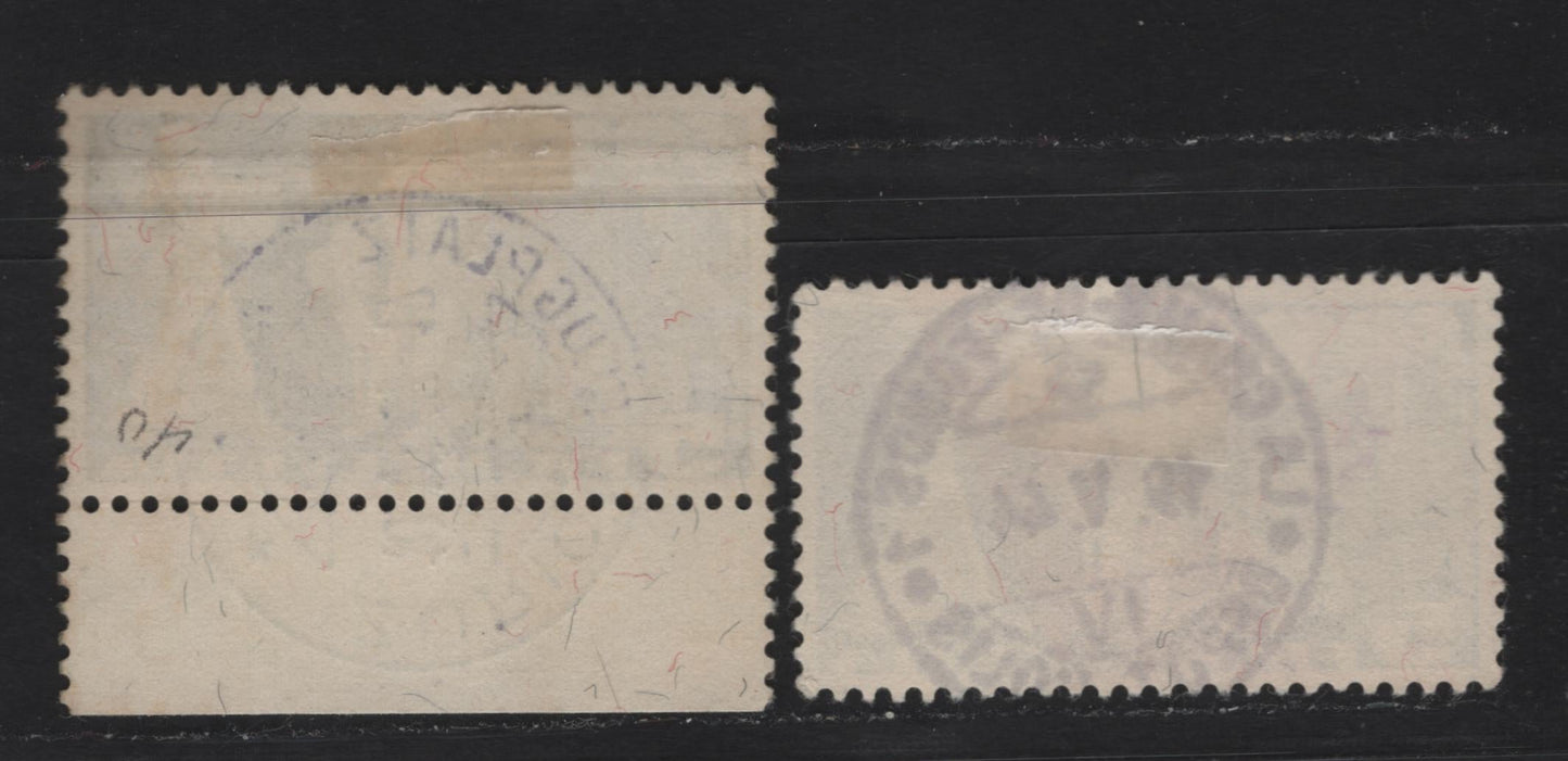 Lot 185 Switzerland SC#245 5fr Slate Blue on Greenish Paper Symbolic Design, 1938 Symbolic Design Issue, 2 Very Fine Used Singles, SON May 10 1947 Zurich & May 19 1944 La Chaux de Fonds Cancels