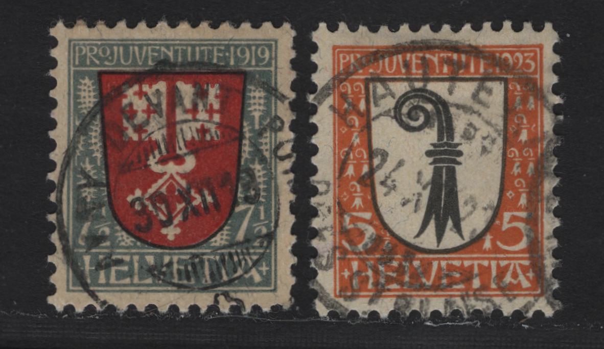 Lot 186 Switzerland SC#B12, B25 7.5c - 5c Gray, Red & Black - Orange & Black Arms, 1919-1923 Semi Postal Issues, 2 Very Fine Used Singles, Contemporaneous CDS Town Cancels
