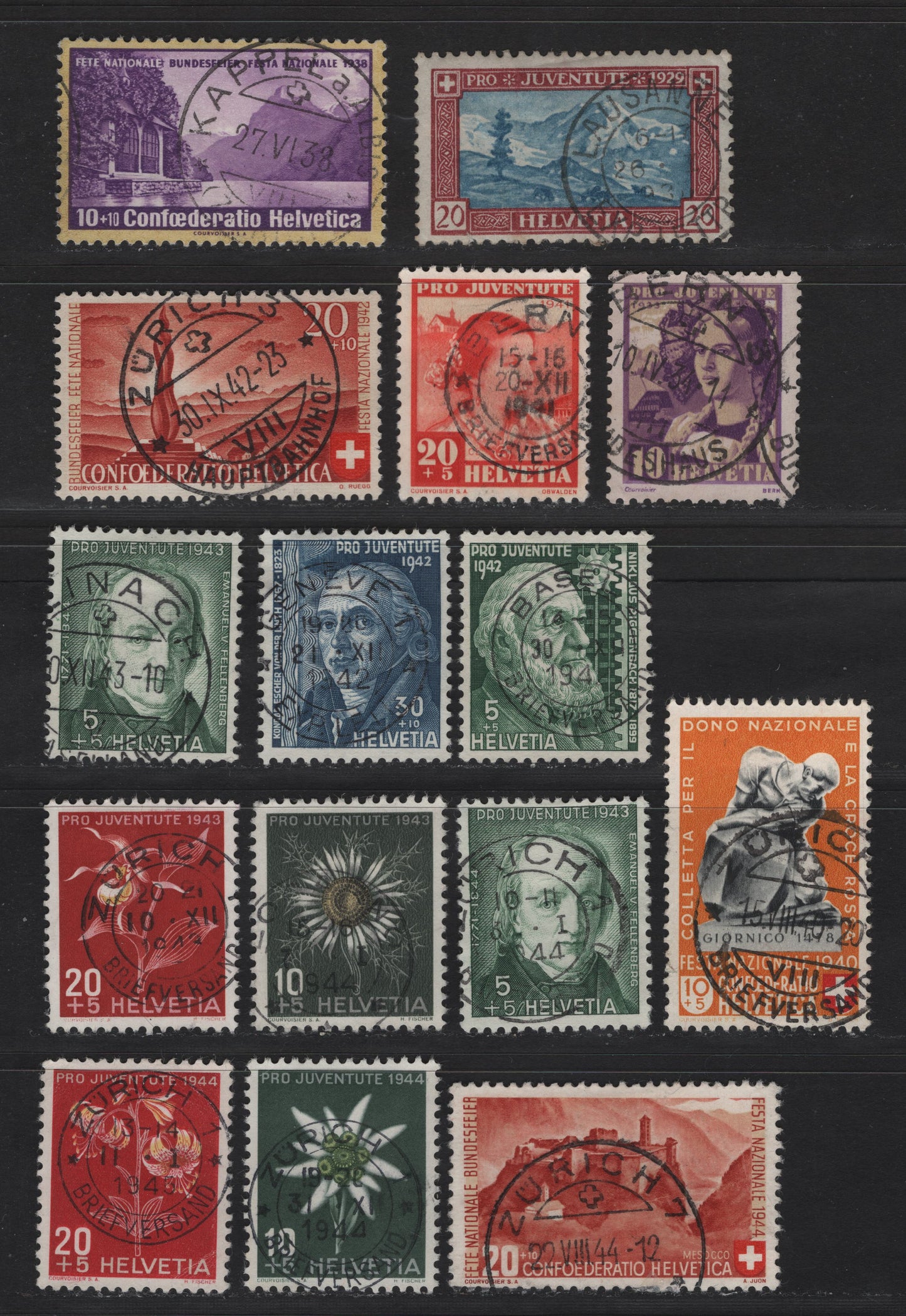 Lot 186A Switzerland SC#B51, B66, B90, B101, B115, B118, B120-B121, B126-B128, B135, B138-B139 20c - 20c+5c Brown, Garnet & Blue - Red, Yellow & Gray, 1929-1944 Semi Postal Issues, 15 Very Fine Used Singles, SON Cancels