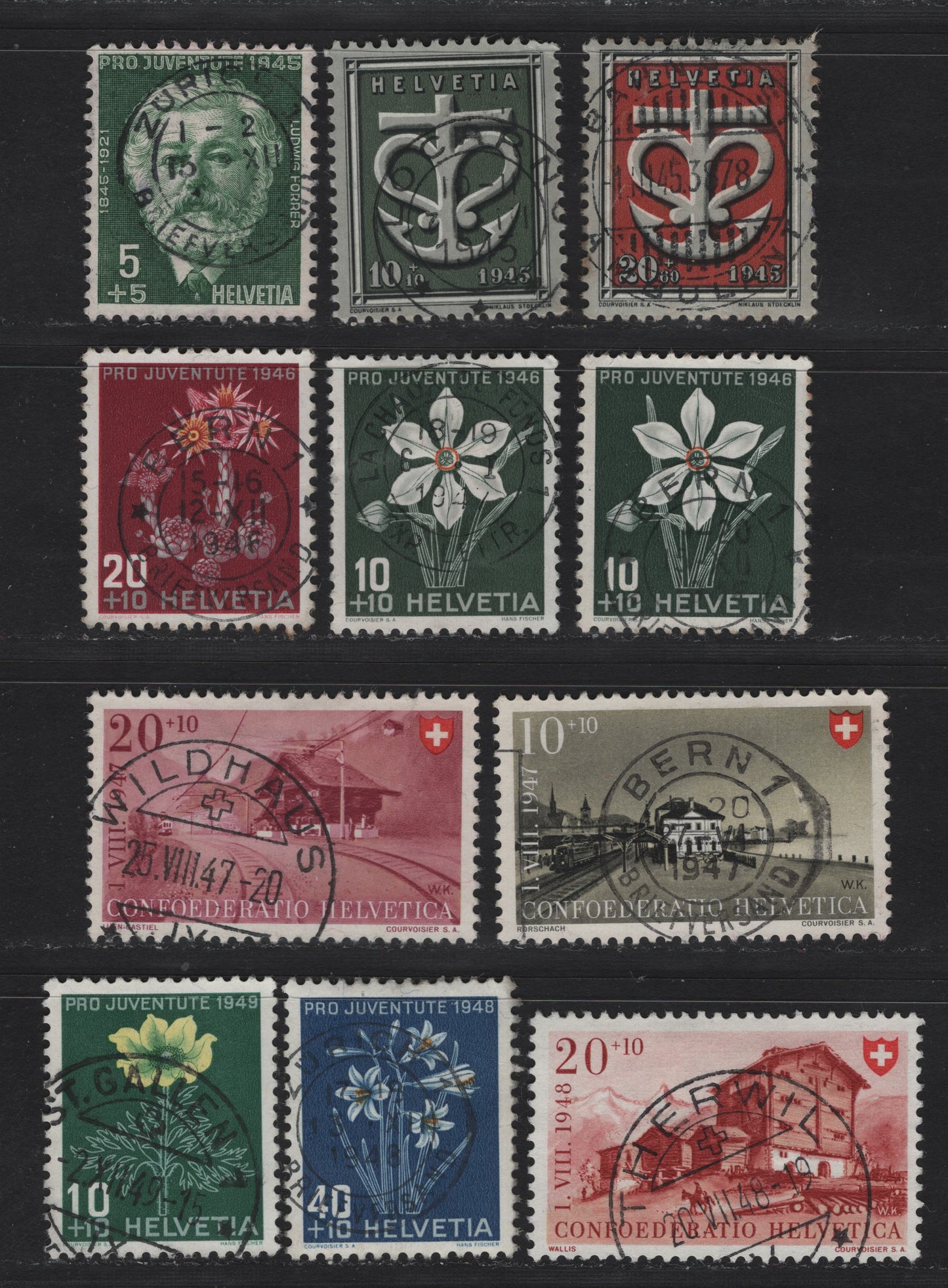 Lot 187 Switzerland SC#B141-B142, B150, B159-B160, B163-B164, B176, B182, B188 10c+10c Multicolored - Green Gray & Yellow , 1945-1949 Semi Postal Issues, 11 Very Fine Used Singles, SON Cancels