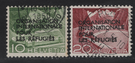Lot 190 Switzerland SC#602-603 10c - 20c Yellow Green - Brown Carmine , 1950 Int'l Organization of Refugee's Overprinted Issue, 2 Very Fine Used Singles, SON Cancels & Partial CDS Cancels That Lie On Top Of The Overprints