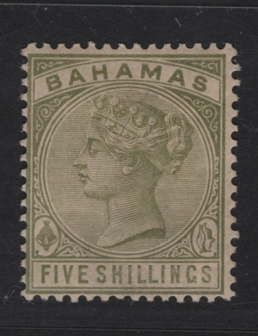 Lot 19 Bahamas SG#56 5/- Sage Green Queen Victoria, 1884-1890 Queen Victoria Issue, A FOG Single, Some Gum Toning