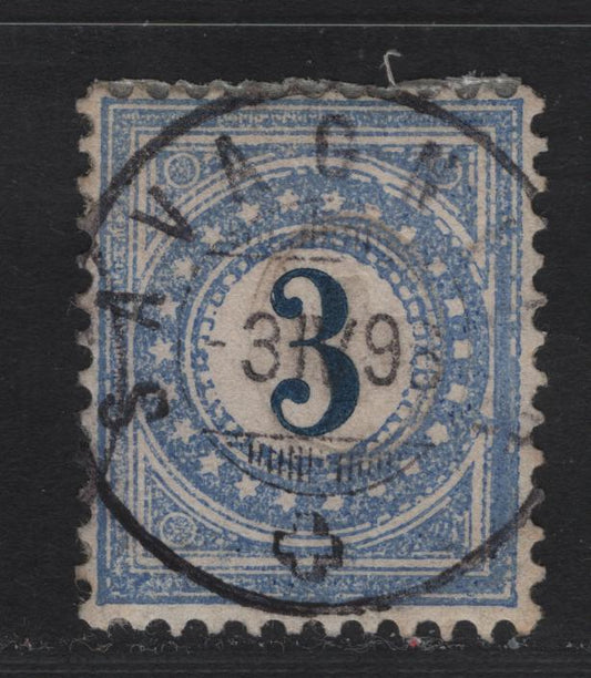 Lot 191 Switzerland SC#J3a 3c Blue Numeral, 1878 Postage Due, A Very Fine Used Single, SON April 3 Savagn CDS Cancel, Type I Frame Inverted