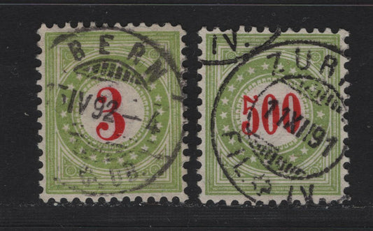 Lot 196 Switzerland SC#J22D, J28D 3c - 50c Light Green & Red Numeral, 1884-1888 Postage Due, 2 Very Fine Used Singles, Type II Normal Frame, Wmk 182 Type 1, SON April 3 1892 & December 11 1891 Bern & Zurich CDS Cancel.
