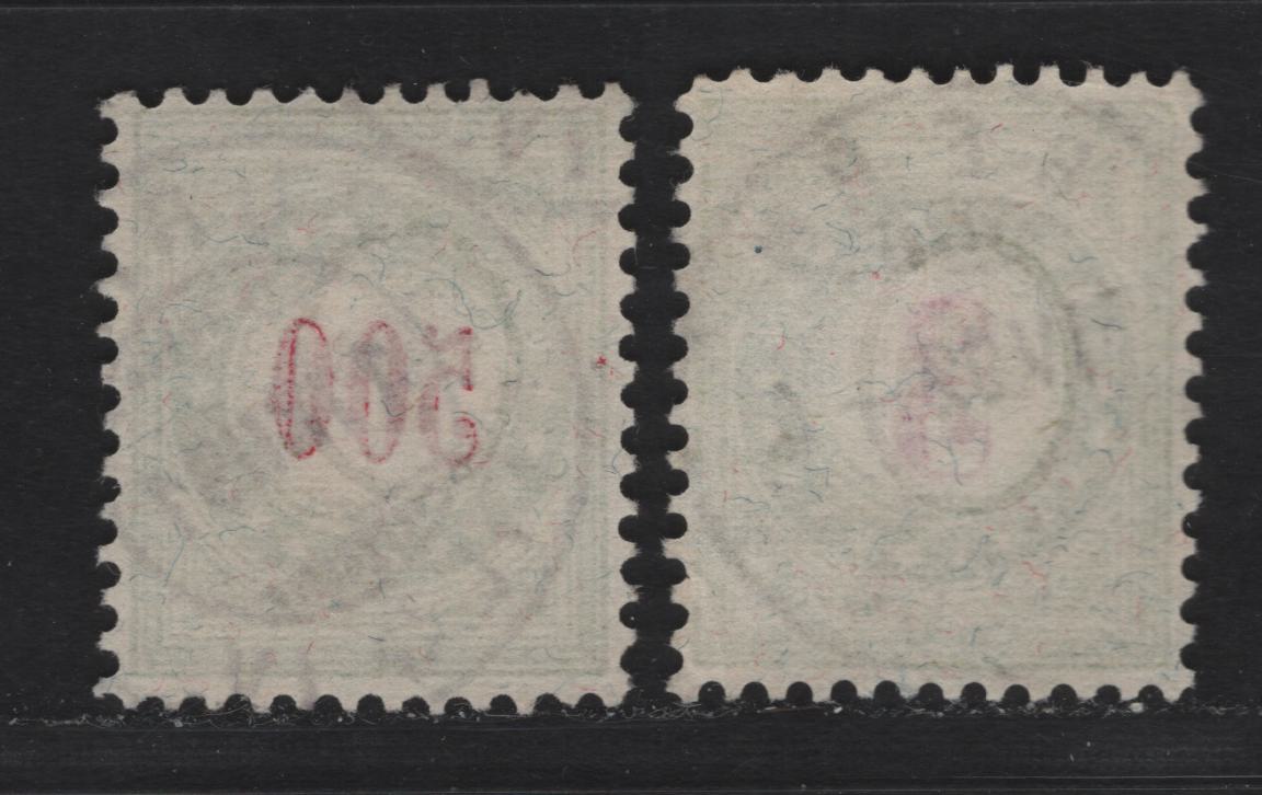 Lot 196 Switzerland SC#J22D, J28D 3c - 50c Light Green & Red Numeral, 1884-1888 Postage Due, 2 Very Fine Used Singles, Type II Normal Frame, Wmk 182 Type 1, SON April 3 1892 & December 11 1891 Bern & Zurich CDS Cancel.