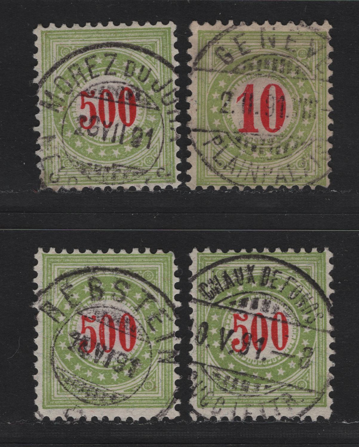 Lot 197 Switzerland SC#J24D, J28D 10c - 500c Red & Light Green Numeral, 1884-1888 Postage Due, 2 Fine Used Singles, Type II Frame, 1891 SON CDS Cancels