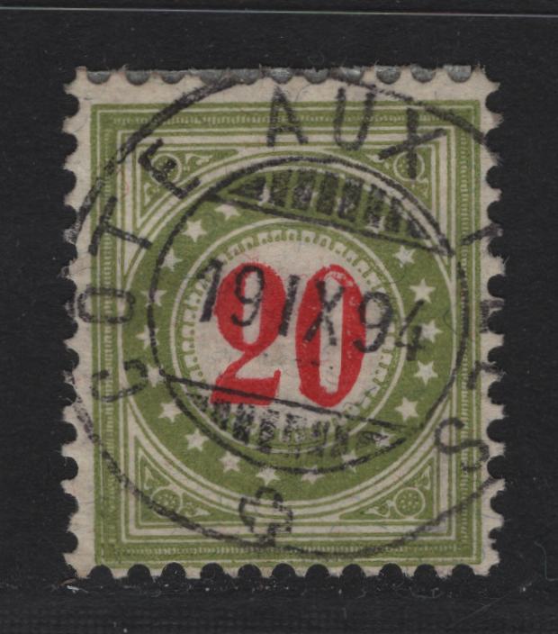 Lot 198 Switzerland SC#J25f 20c Olive Green & Red Numeral, 1884-1888 Postage Due, A Very Fine Used Single, Type 2 Inverted Frame, SON September 19 1894 Cote-Aux-Fe'es Cancel