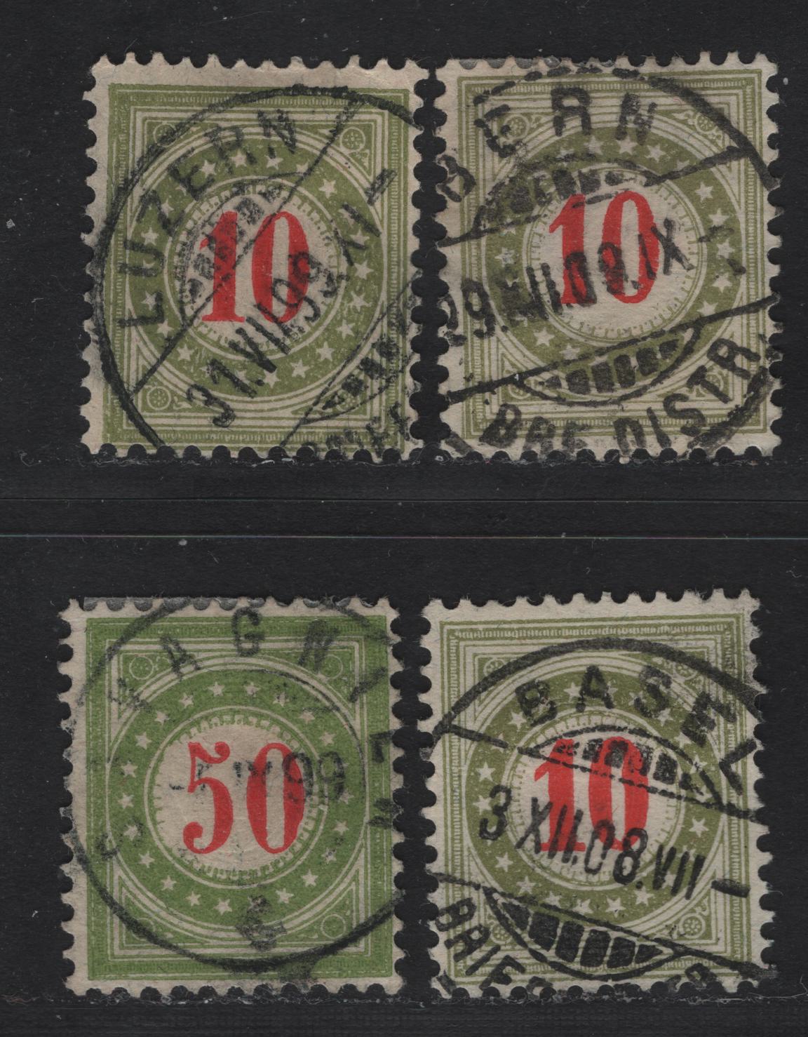Lot 199 Switzerland SC#J26G, J24H, J24Hi 50c - 10c Bright Red & Light Olive Green - Dark Olive Green & Bright Red Numeral, 1884-1888 Postage Due, 4 Fine/Very Fine Used Singles, Type 2 Normal & Inverted Frames, SON Dated CDS Cancels Between 1899 & 1908