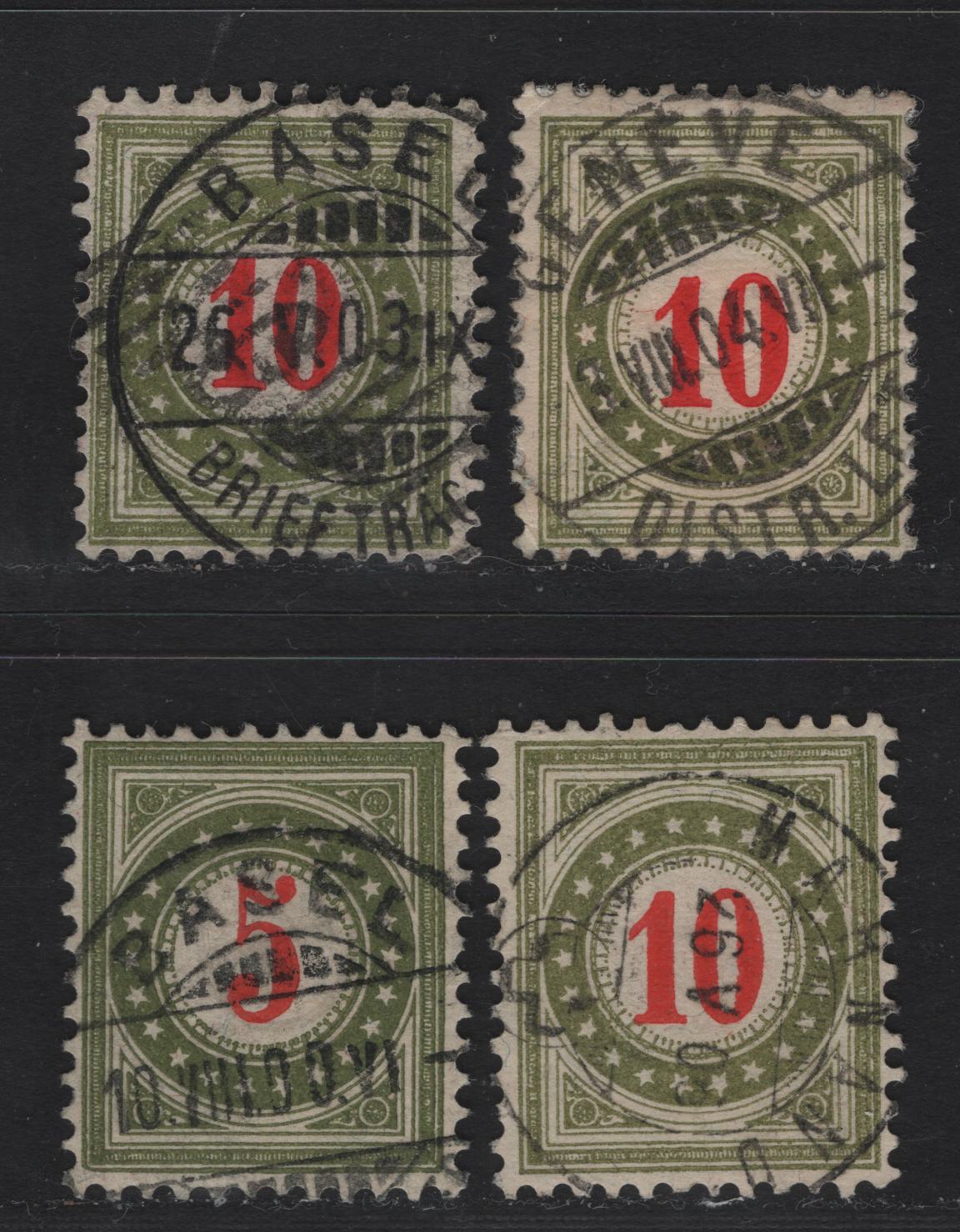Lot 200 Switzerland SC#J32H, J24H 5c - 10c Dark Olive Green & Bright Red Numeral, 1884-1905 Postage Dues, 4 Very Fine Used Singles, Type 2 Normal Frames, SON Geneva, Basel & marnano CDS Cancels Dated Between 1900 & 1904