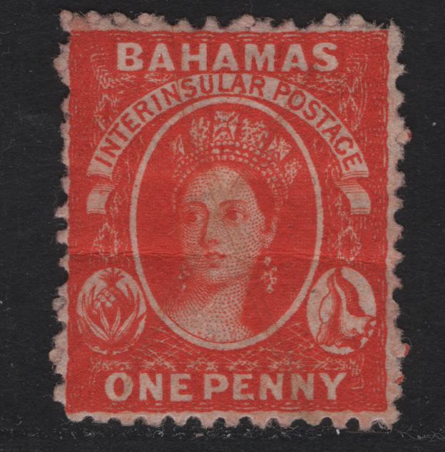 Lot 2 Bahamas SG#25 1d Vermillion Queen Victoria, 1863-1877 Chalon Heads Issue, A Fine Used Single, Perf 12.5, Regummed & Lightened Pencancel To Appear Mint, Horizontal Crease, But Very Well Centered For This Issue.