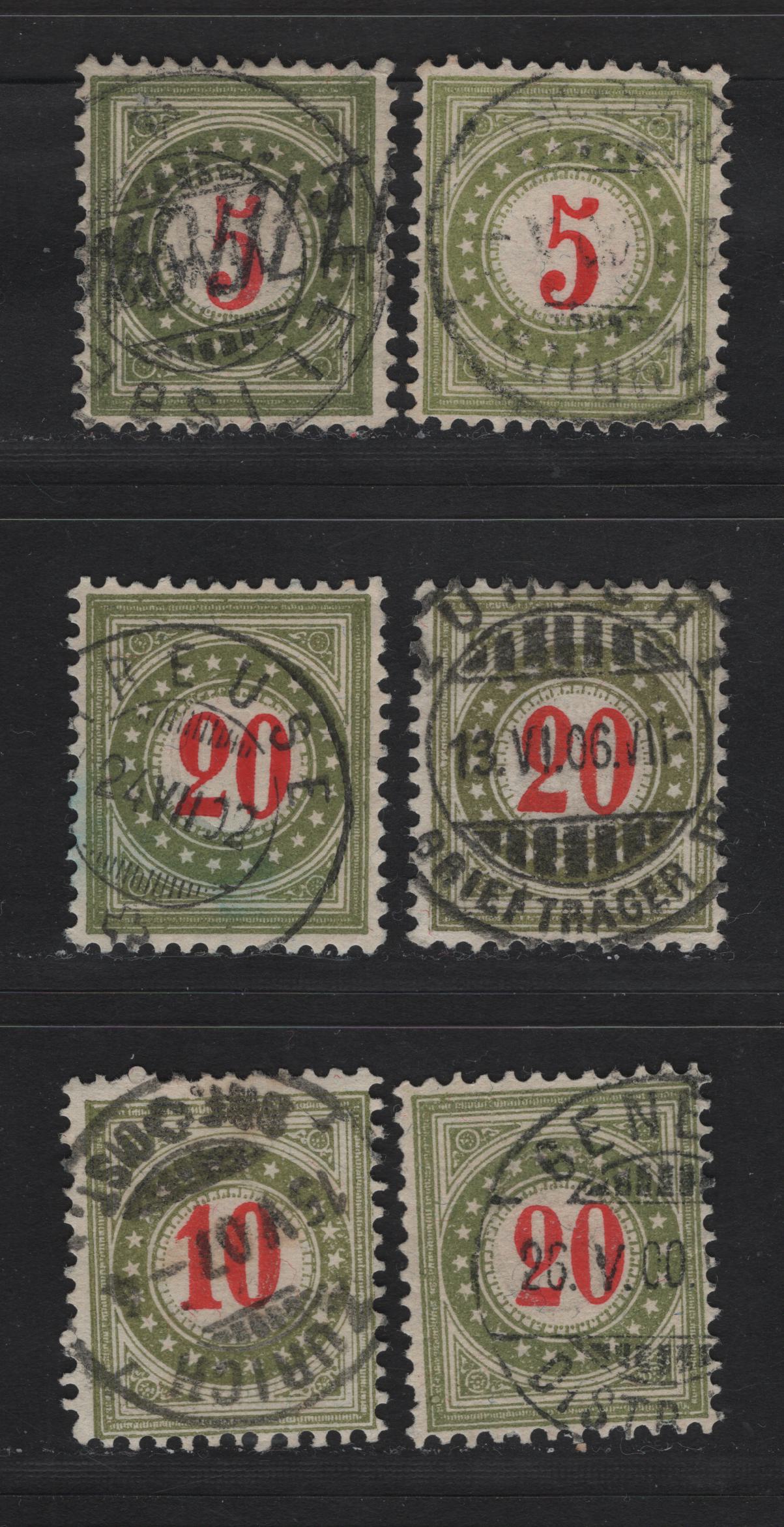 Lot 201 Switzerland SC#J23Hi, J23k, J24Hi, J25Hi 5c - 20c Dark Olive Green/Olive & Bright Red Numeral, 1899-1905 Postage Dues, 6 Very Fine Used Singles, Type II Inverted Frame, SON Zurich, Seelisberg, Geneva & Other CDS Cancels