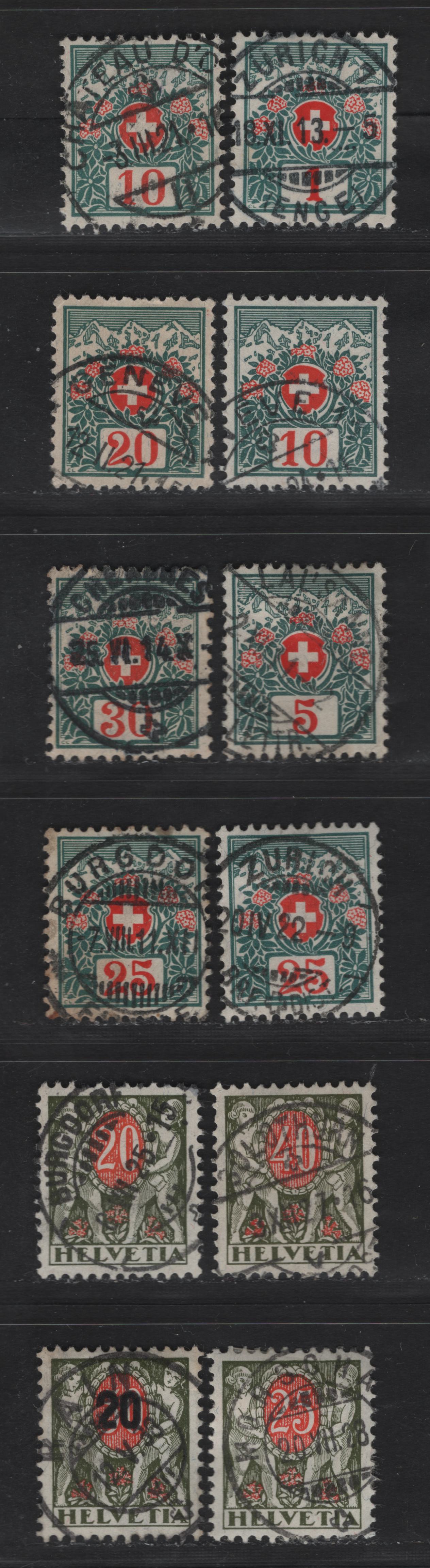Lot 202 Switzerland (C)SC#J35, J37, J38, J40-J42, J51-J52, J58 1c - 20c on 50c Blue Green & Red - Olive Green & Red Numeral, 1910-1937 Postage Dues, 12 Fine/Very Fine Used Singles, SON CDS Cancels